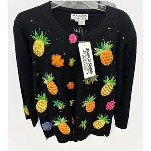 Jack B Quick Sweater‎ Size PM Womens Black Pineapple Sequin Cardigan NWT